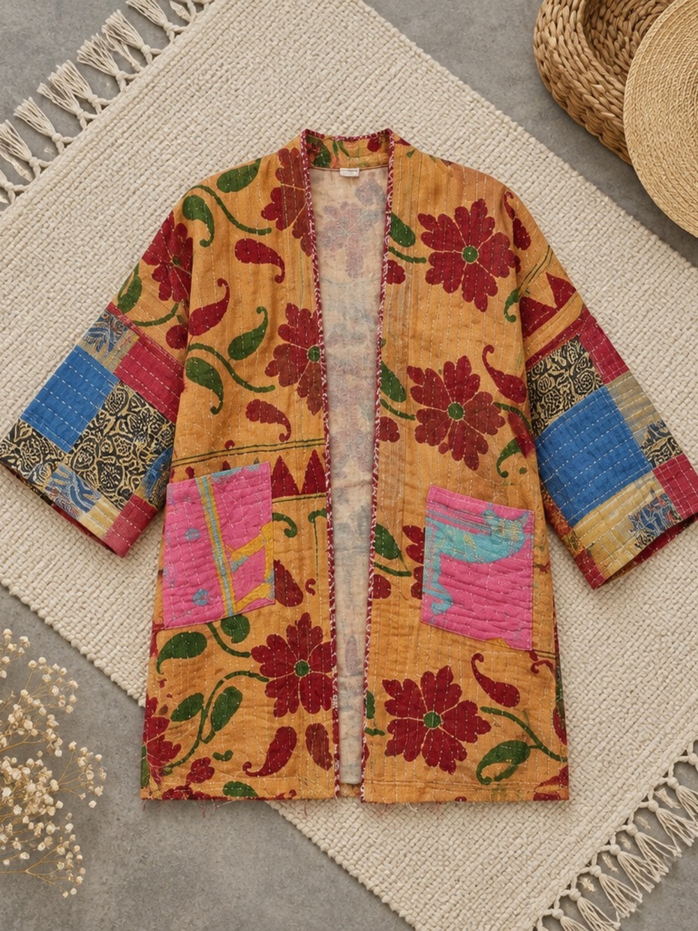 Boho Floral Kantha Patchwork Jacket in Mustard & Pink
